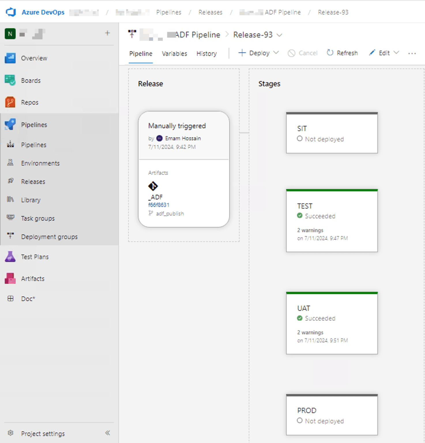 Azure DevOps release pipeline — SIT, TEST, UAT, and PROD stages