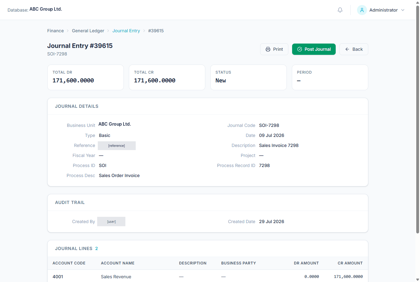 Periscope ERP journal entry with total debit and credit, journal details linked to a sales order invoice, and an audit trail.
