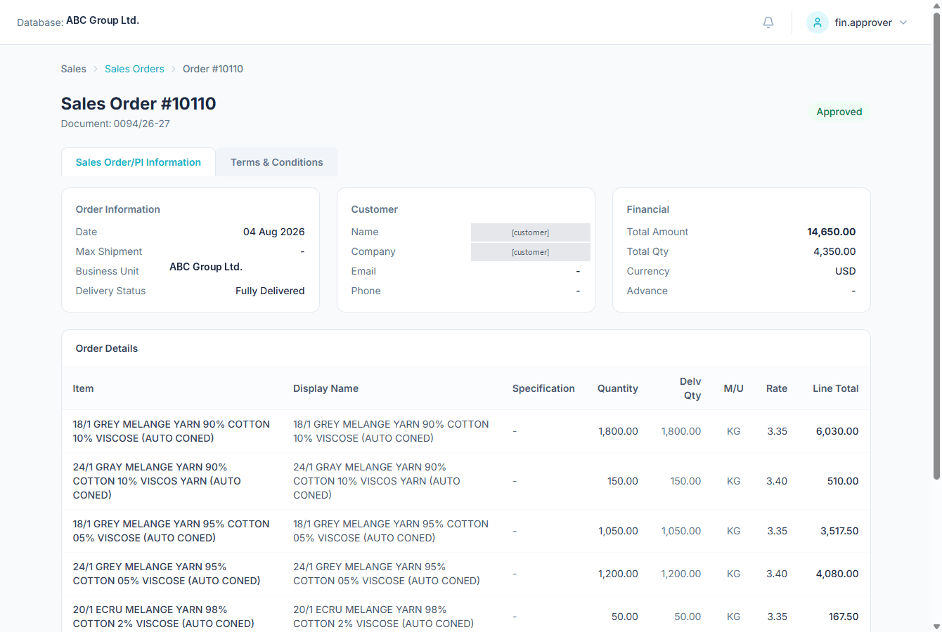 Periscope ERP sales order showing approval status, order information, order totals and line items.