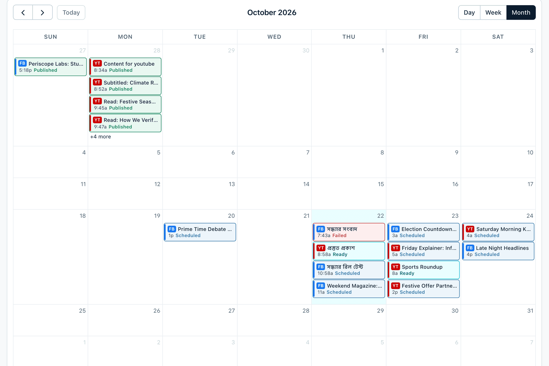 Social Desk Publishing Calendar: a month view of scheduled, ready, published and failed Facebook and YouTube posts.
